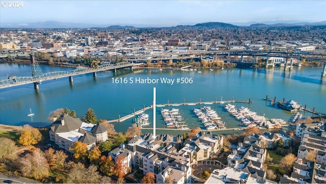 drone / aerial view featuring a water and mountain view