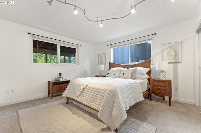 bedroom with light colored carpet and rail lighting