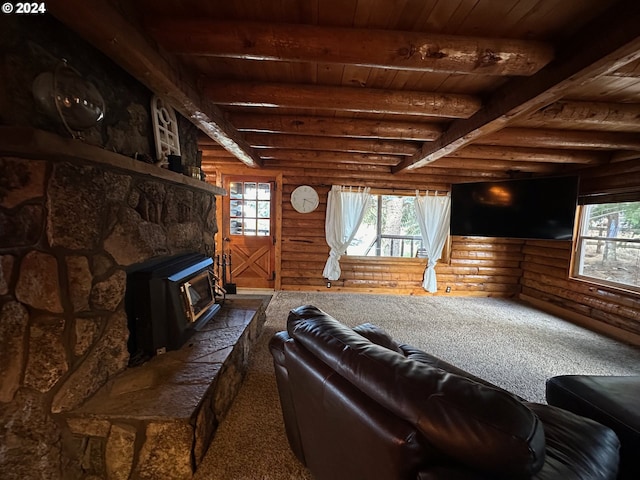 living room with wood ceiling, log walls, dark colored carpet, and beam ceiling