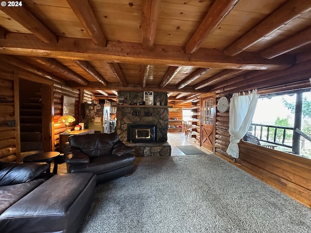 living room featuring wooden ceiling, a fireplace, beamed ceiling, and log walls