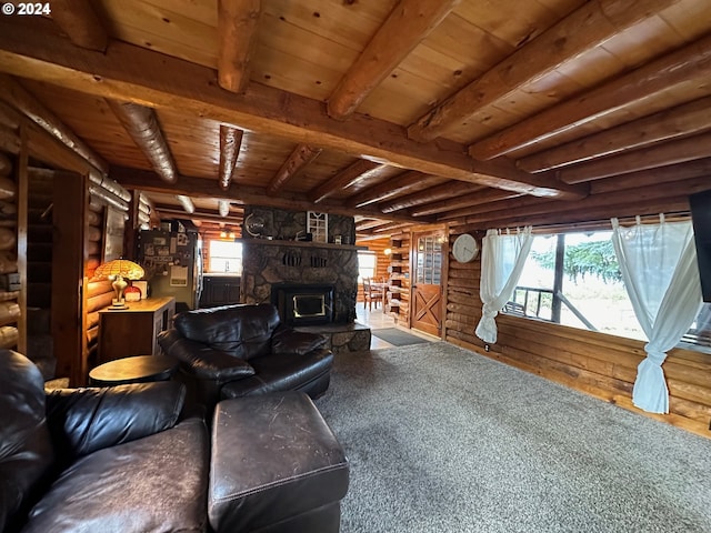 living area with wood ceiling, beamed ceiling, log walls, and a healthy amount of sunlight