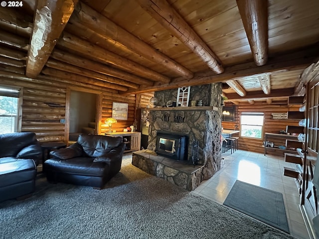 living area featuring wooden ceiling, tile patterned flooring, a fireplace, and beam ceiling