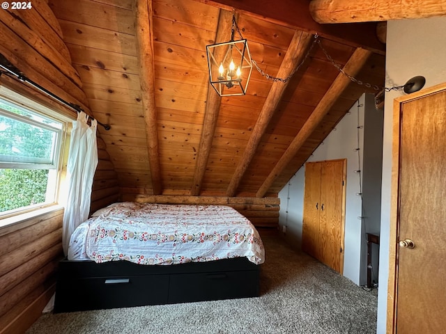 bedroom with rustic walls, wood ceiling, vaulted ceiling with beams, carpet flooring, and a notable chandelier