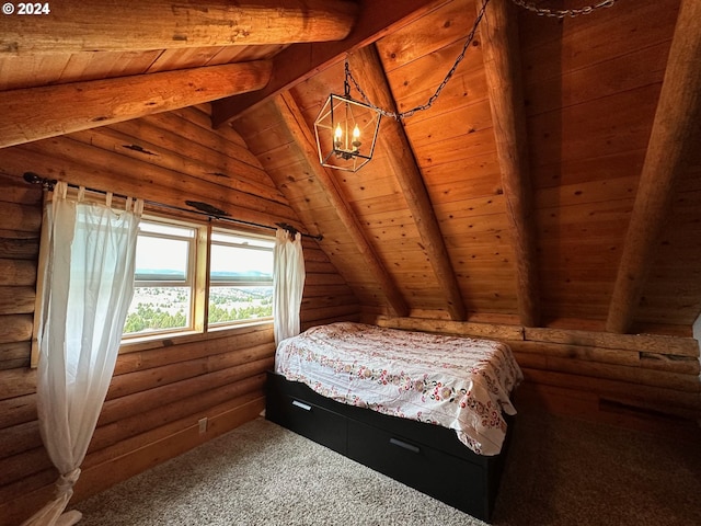 carpeted bedroom featuring lofted ceiling with beams, wooden ceiling, a chandelier, and log walls