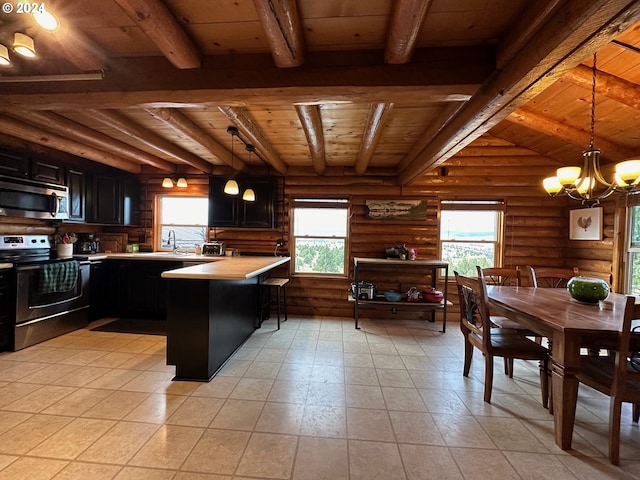 kitchen with light countertops, appliances with stainless steel finishes, wood ceiling, dark cabinetry, and a peninsula