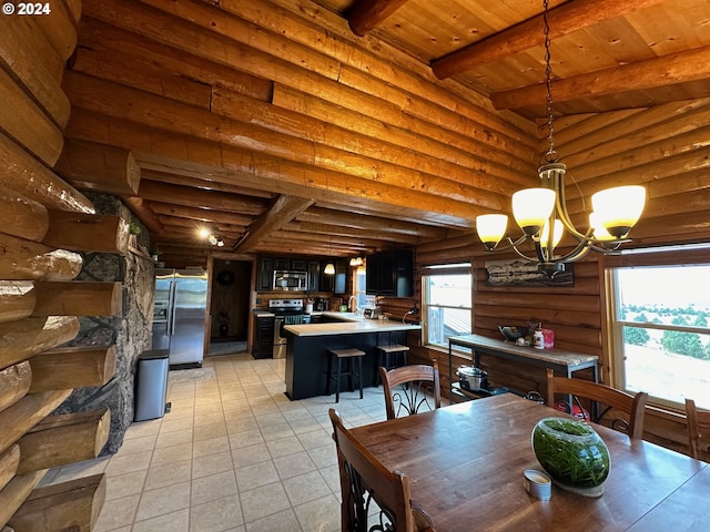 dining area featuring light tile patterned floors, wooden ceiling, log walls, beamed ceiling, and an inviting chandelier