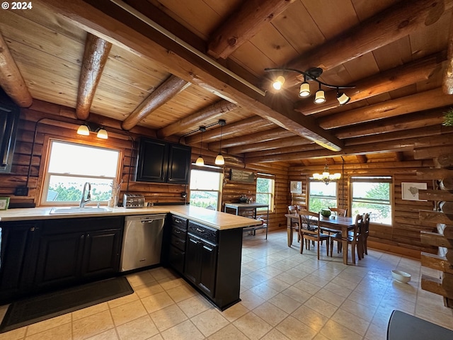 kitchen with a peninsula, a sink, light countertops, dark cabinetry, and dishwasher