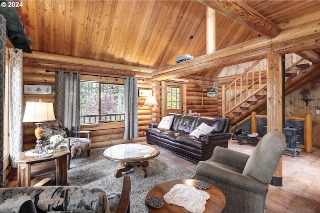 living room featuring wood ceiling, high vaulted ceiling, and rustic walls