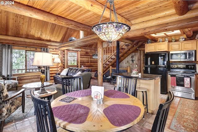 dining space featuring wooden ceiling, log walls, and vaulted ceiling with beams