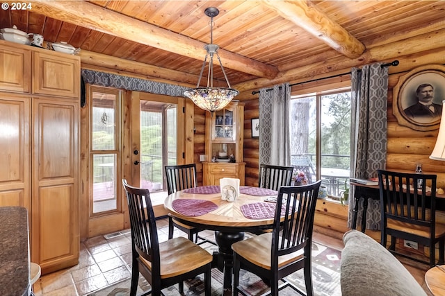 tiled dining area with beamed ceiling, log walls, and wood ceiling