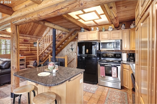 kitchen featuring light brown cabinets, appliances with stainless steel finishes, rustic walls, wooden ceiling, and light tile floors