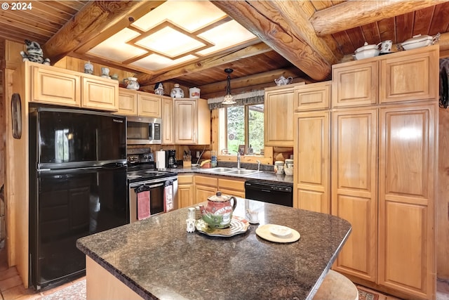 kitchen featuring a kitchen island, sink, wood ceiling, beam ceiling, and black appliances