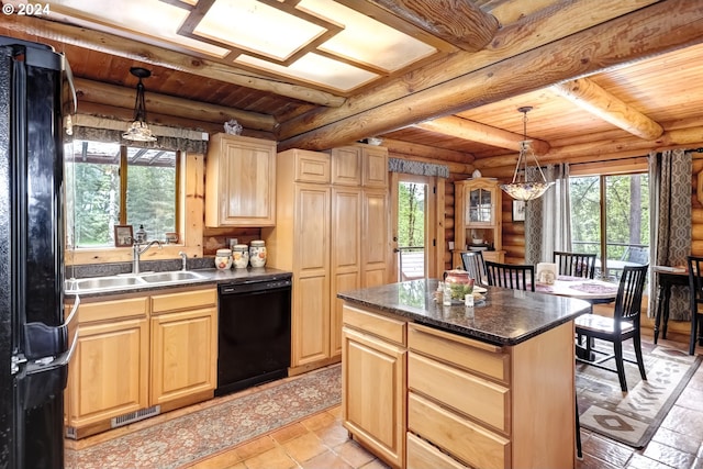 kitchen featuring decorative light fixtures, black appliances, rustic walls, and wood ceiling