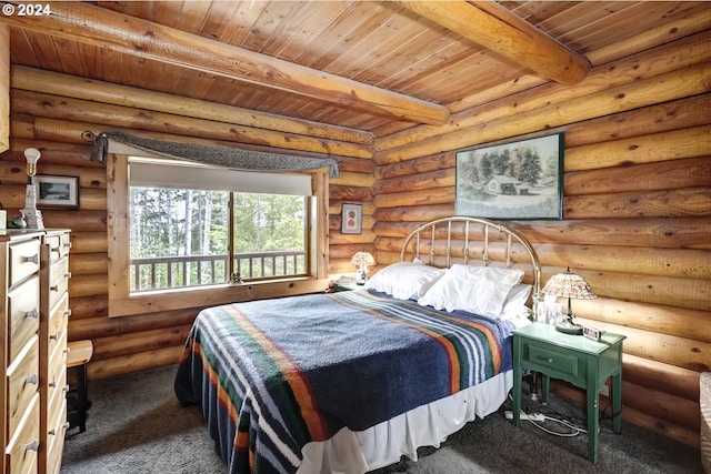 carpeted bedroom with wooden ceiling, beam ceiling, and log walls