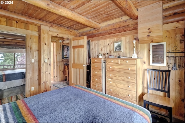 bedroom featuring beamed ceiling, wooden ceiling, and wood walls