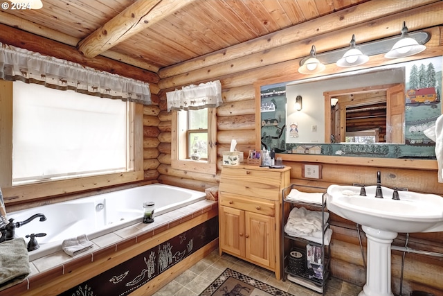 bathroom featuring wood ceiling, rustic walls, a bathtub, and tile floors