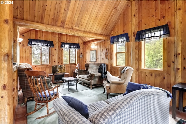 interior space featuring vaulted ceiling with beams, wooden walls, and wood ceiling