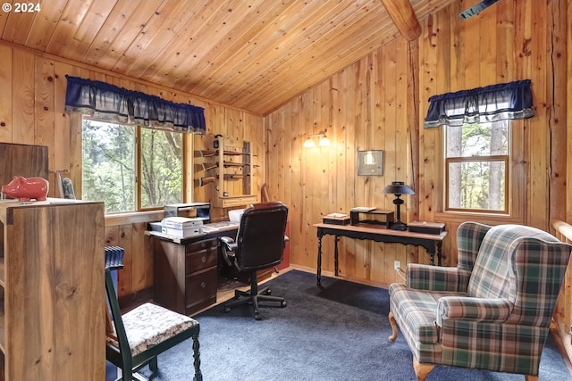 home office featuring wood ceiling, plenty of natural light, dark colored carpet, and lofted ceiling