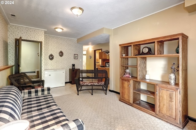 carpeted living room featuring crown molding