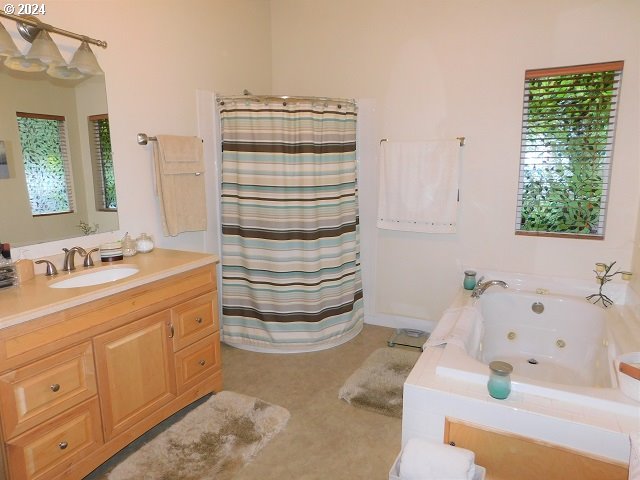 bathroom featuring vanity and separate shower and tub