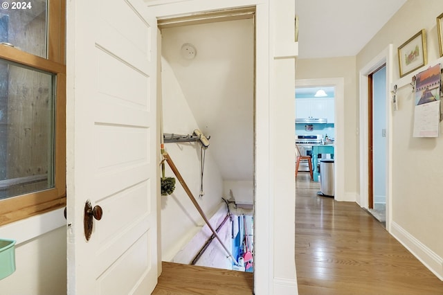 hall featuring baseboards and wood finished floors