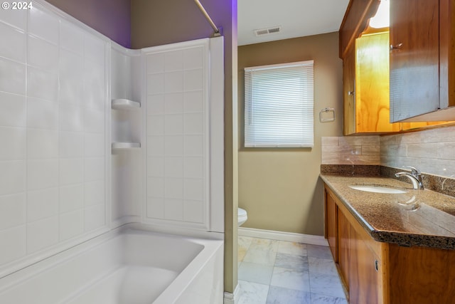 full bathroom with decorative backsplash, vanity, toilet, and shower / bathtub combination