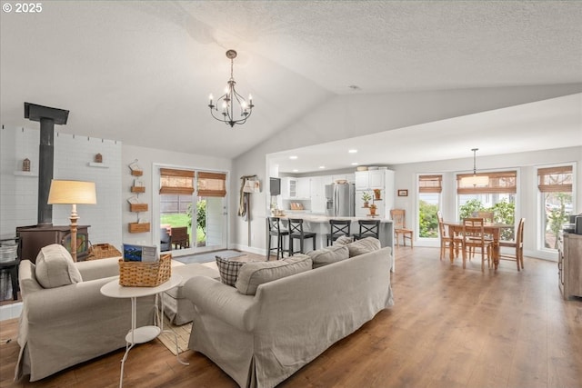 living room featuring a wood stove, plenty of natural light, and wood finished floors