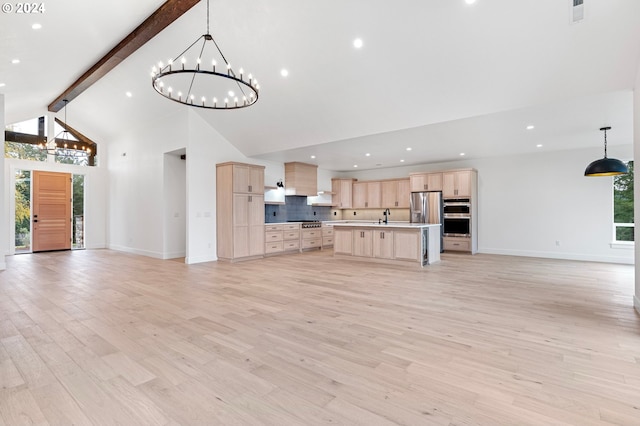 unfurnished living room featuring sink, high vaulted ceiling, light hardwood / wood-style flooring, a notable chandelier, and beamed ceiling