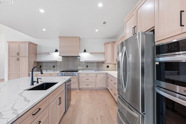 31248 Valley View Ln, Cottage Grove, OR 97424 - kitchen featuring open shelves, appliances with stainless steel finishes, light brown cabinets, a sink, and recessed lighting