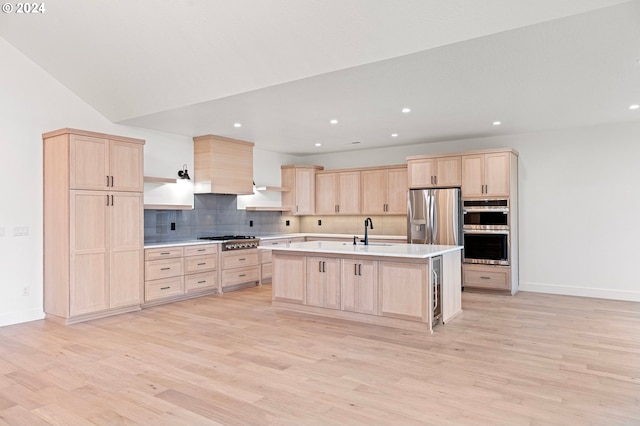 31248 Valley View Ln, Cottage Grove, OR 97424 - kitchen with light brown cabinets, open shelves, stainless steel appliances, light wood-style floors, and recessed lighting