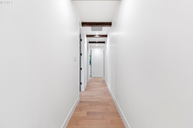 31248 Valley View Ln, Cottage Grove, OR 97424 - hallway featuring light wood-style flooring, baseboards, recessed lighting, and beamed ceiling