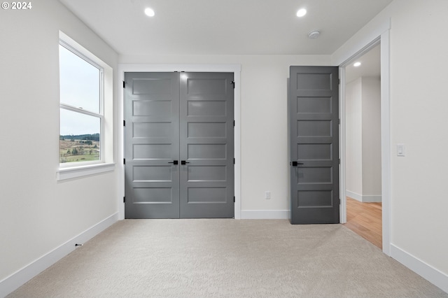 interior space featuring a closet and light colored carpet