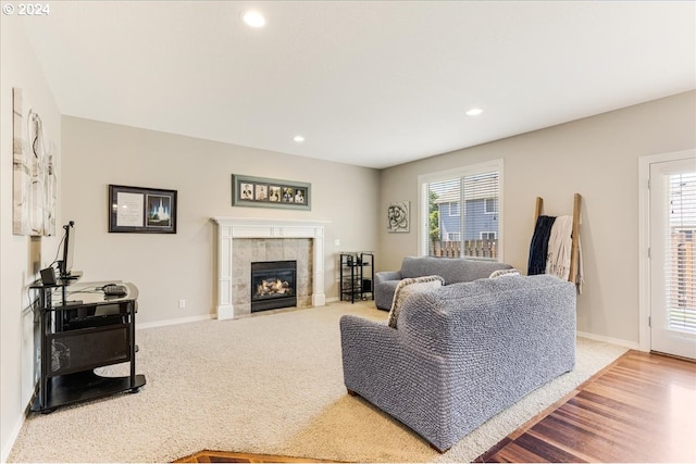 living room featuring hardwood / wood-style floors and a fireplace