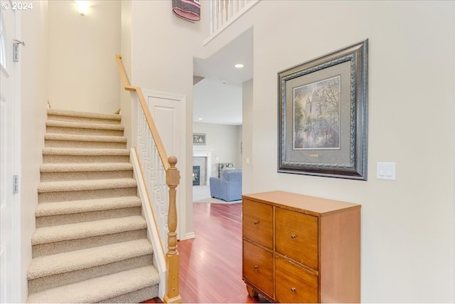 staircase featuring wood-type flooring