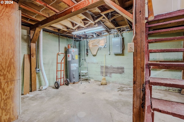 basement with electric panel and water heater