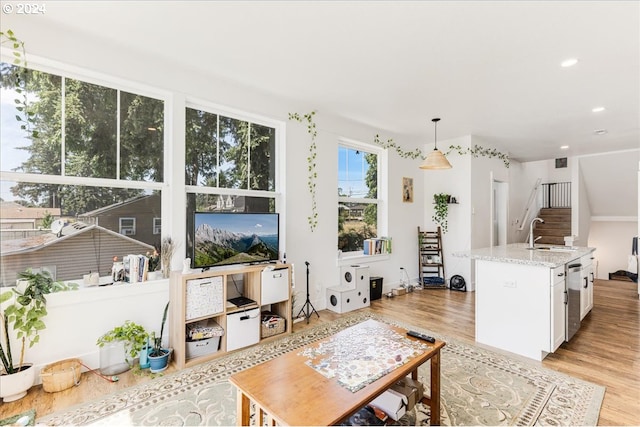 living room with light hardwood / wood-style floors and sink