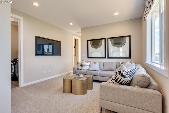 living room featuring visible vents, recessed lighting, baseboards, and carpet floors