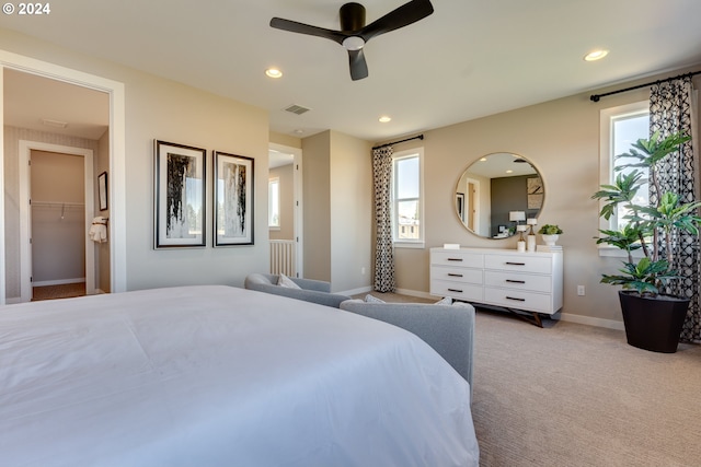 bedroom featuring visible vents, baseboards, ceiling fan, light colored carpet, and recessed lighting