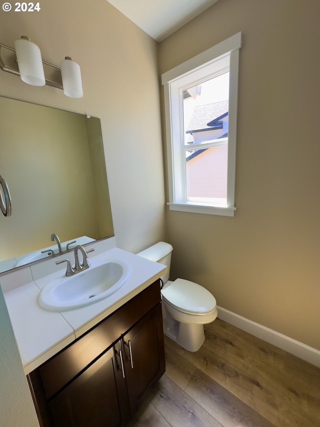 bathroom with wood-type flooring, vanity, and toilet