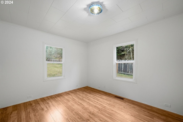 spare room with ornamental molding, light hardwood / wood-style flooring, and a healthy amount of sunlight