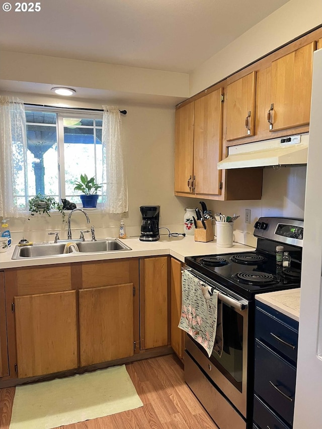 kitchen featuring stainless steel range with electric stovetop, light hardwood / wood-style flooring, and sink