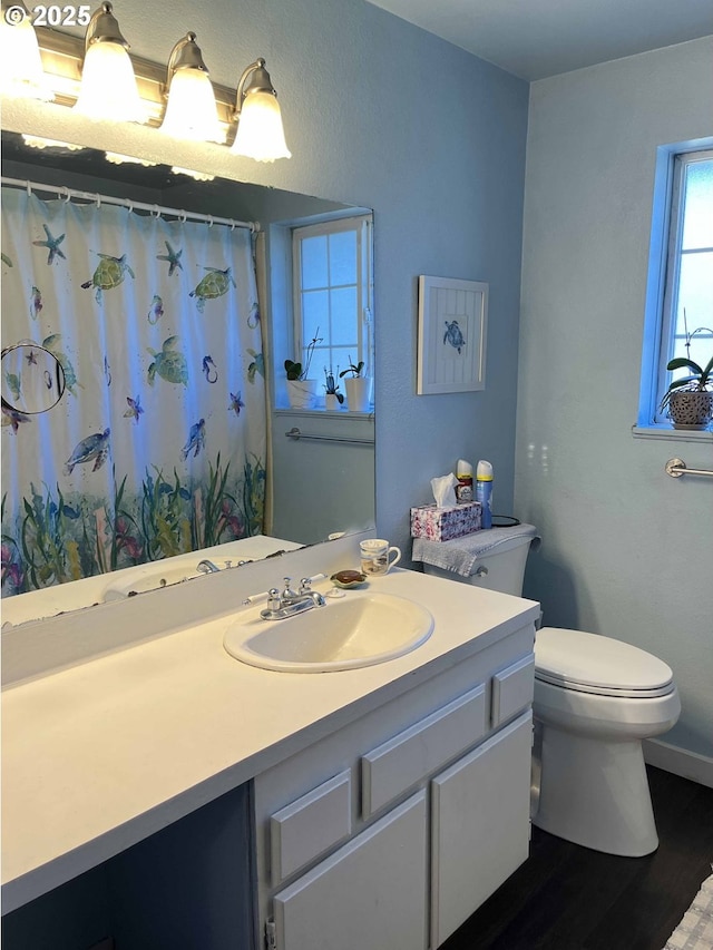 bathroom featuring toilet, walk in shower, hardwood / wood-style flooring, and vanity