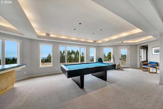 rec room with pool table, a raised ceiling, and light colored carpet