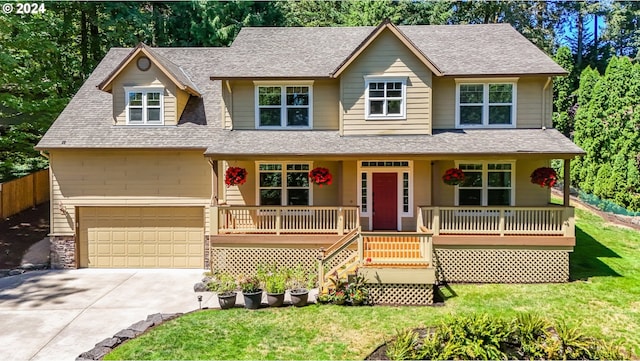 view of front of property with a porch and a front lawn