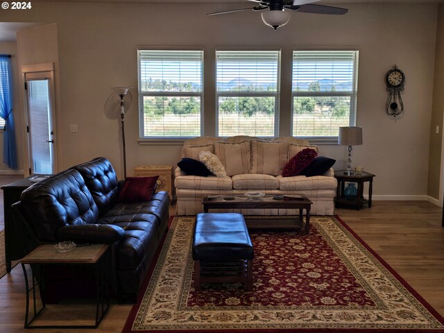 living room featuring hardwood / wood-style flooring and ceiling fan