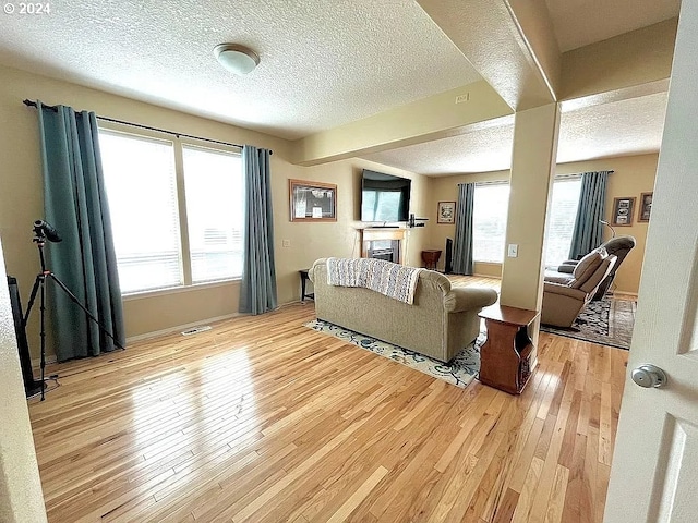 living room with a textured ceiling and light hardwood / wood-style flooring