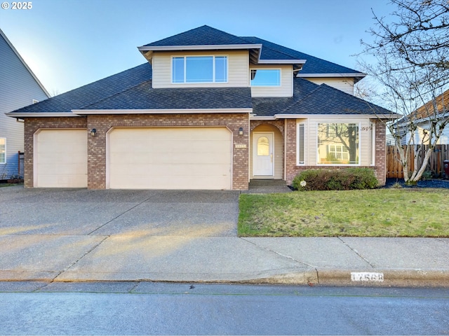 view of front of house with brick siding, roof with shingles, driveway, and fence