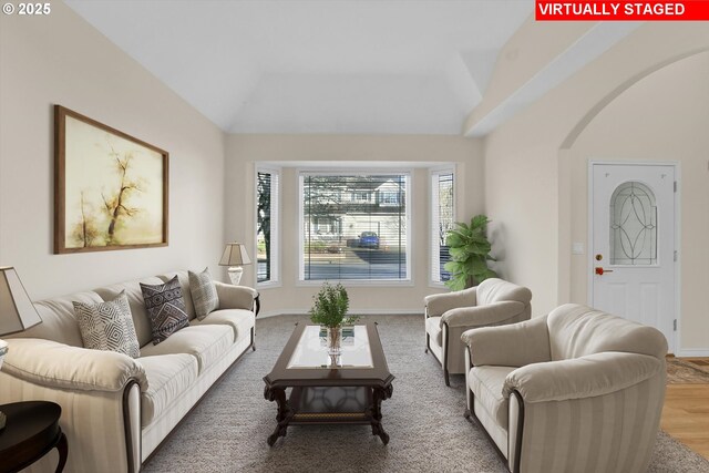 living area with lofted ceiling, wood finished floors, arched walkways, and baseboards