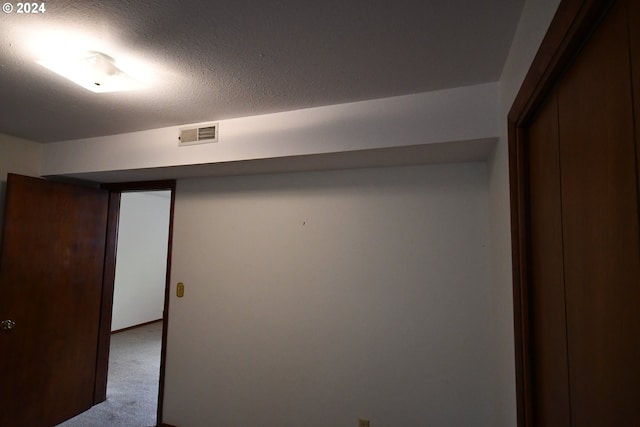 interior space with light carpet and a textured ceiling