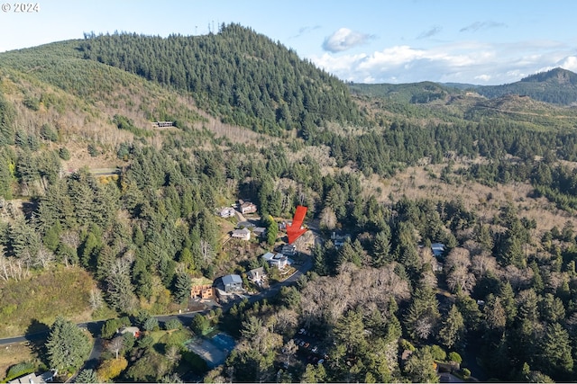 bird's eye view with a mountain view and a wooded view